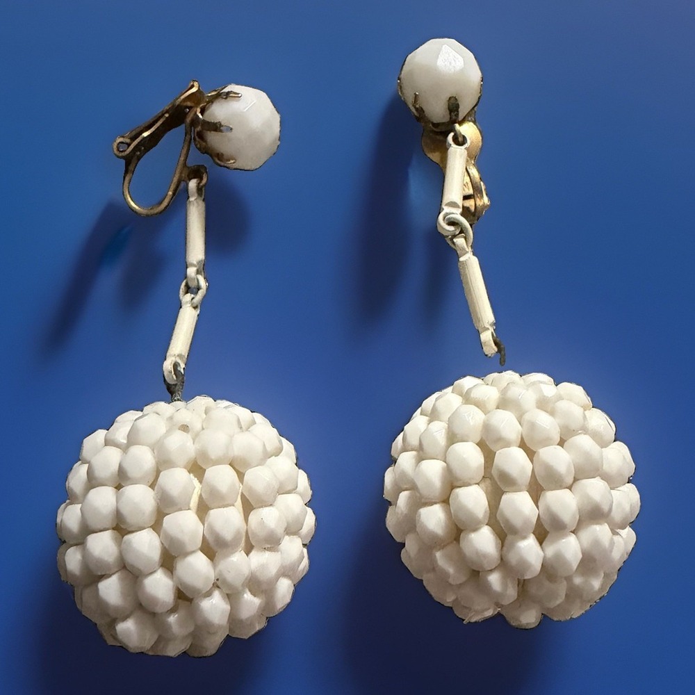 Vintage White Beaded Pom Pom Ball Dangle Clip On Earrings MCM Statement